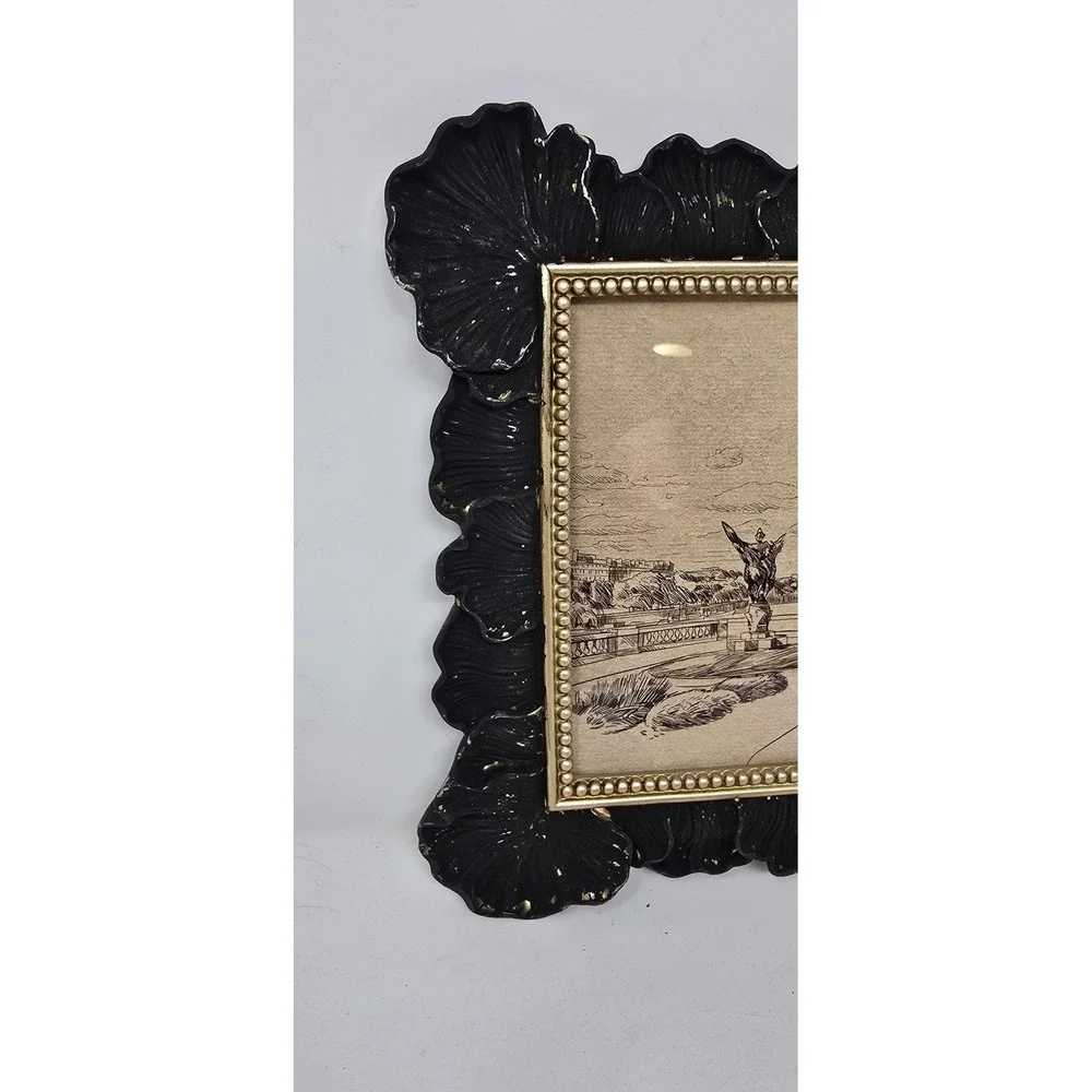 Paris Eiffel Tower ink sketch framed art black gold ornate scalloped frame